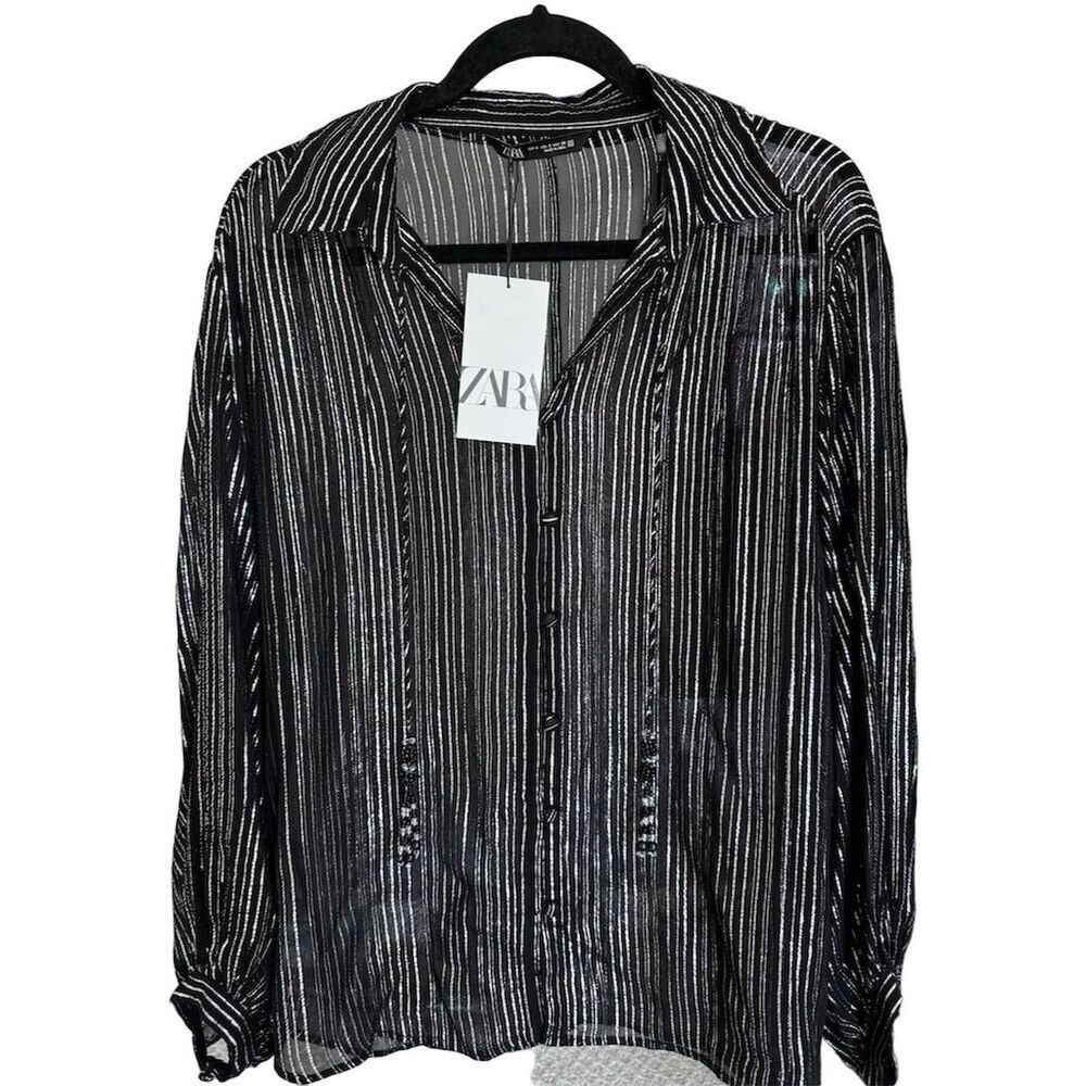 Zara Women's‎ Black Striped Collared Blouse Size S Long Sleeve Casual